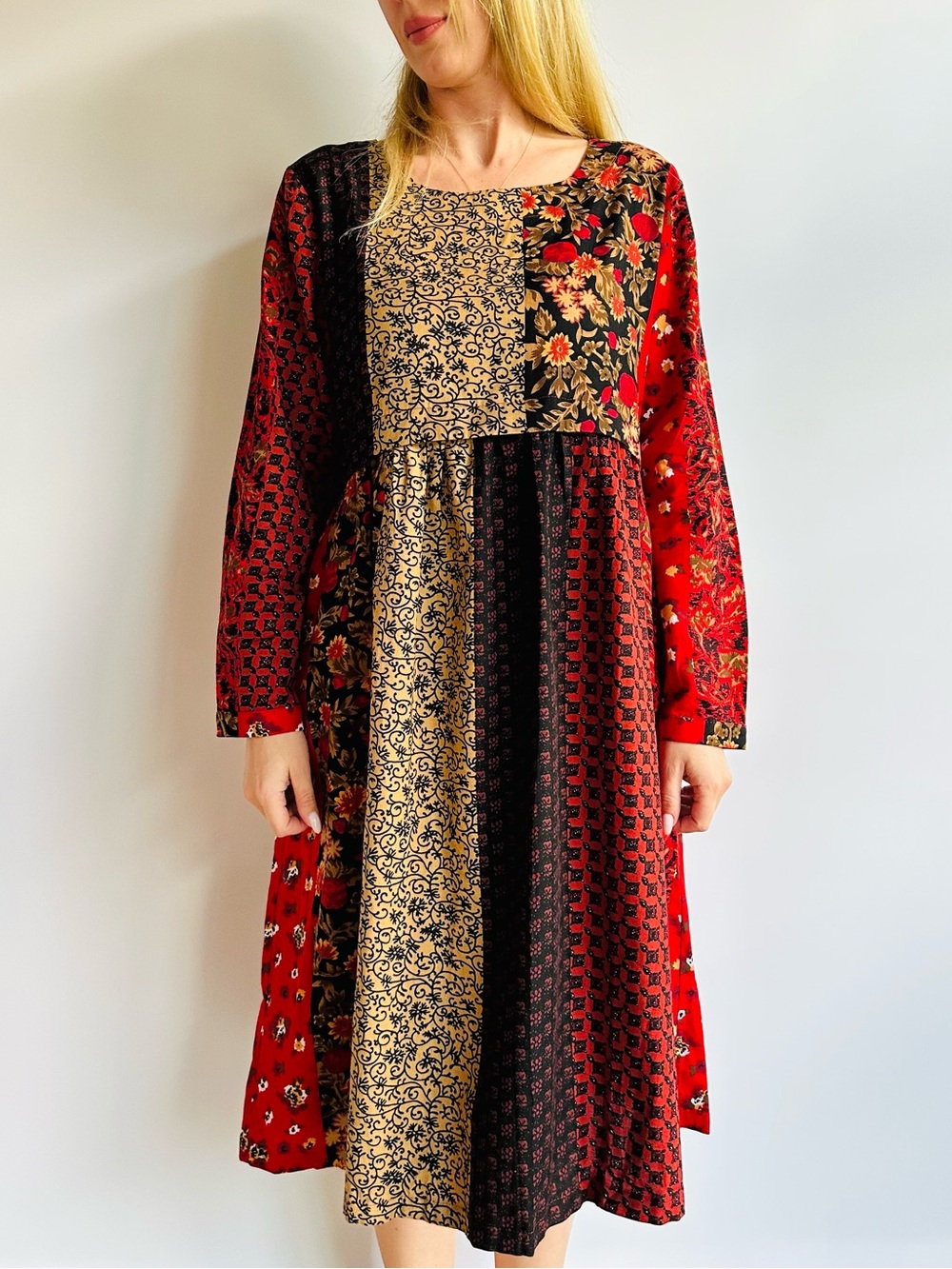 New Los Banditos Patchwork Boho Cotton Midi Dress Red Floral Long Sleeve